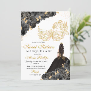 Schwarze und goldene Blumen Masquerade Sweet 16 Ei Einladung