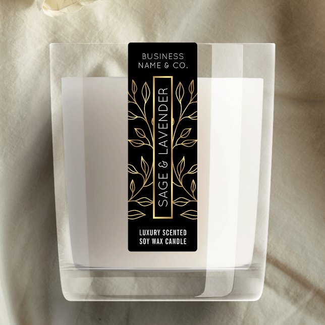 Schwarze und goldene Blumenkerze - Vertikales Etik Etiketten (Elegant black and gold effect skinny vertical candle jar label)