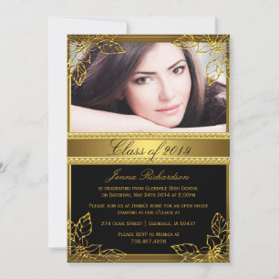 Schwarze und goldene Blumenmuster-Foto-Abschlussfe Einladung