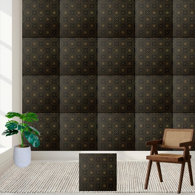 Schwarze und goldene Blüten und geometrische Quers Fliese (Black and Gold Floral and Cross Geometric Tile)