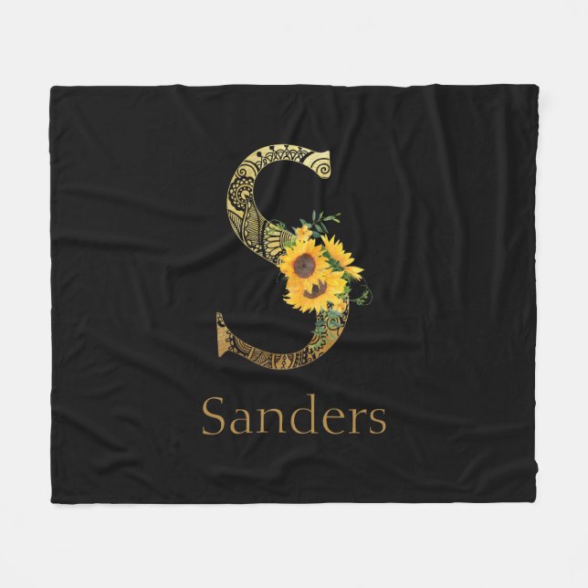 Schwarze und goldene Buchstaben S Sonnenblumen Fleecedecke (Vorderseite (Horizontal))