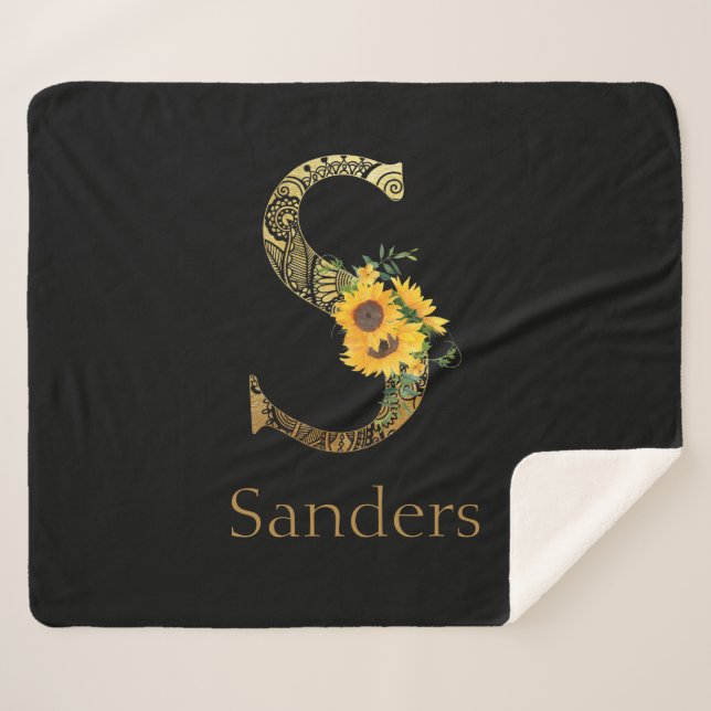 Schwarze und goldene Buchstaben S Sonnenblumen Sherpadecke (Vorderseite (Horizontal))