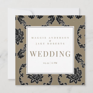 Schwarze und goldene Damast-Quadrat-Hochzeit Einladung