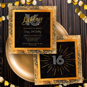 Schwarze und goldene Diamant-Glitter-16.-Geburtsta Einladung