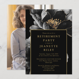 Schwarze und goldene elegante Floral-Ruhestandsfei Einladung