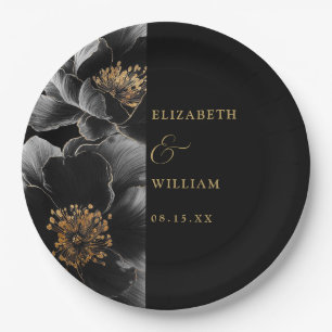 Schwarze und goldene elegante luxuriöse Blumenhoch Pappteller