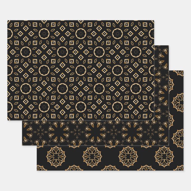 Schwarze und goldene Filigree Ornamente Mosaikmust Geschenkpapier Set (Set)