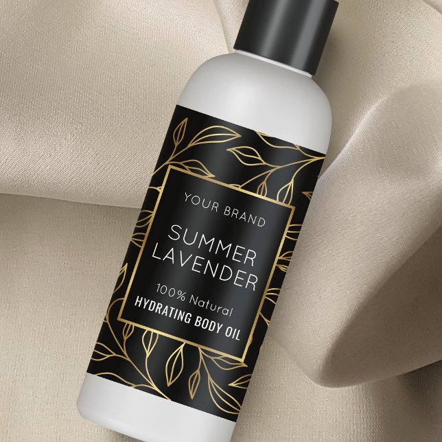 Schwarze und goldene Flora 4 OZ Kosmetische Flasch Rechteckiger Aufkleber (Elegant black and gold botanical design skincare bottle wraparound label template)