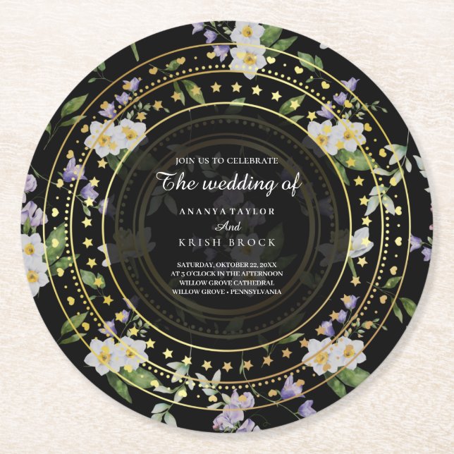 Schwarze und goldene Flora, Runder Pappuntersetzer (Vorderseite)