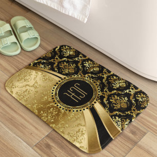 Schwarze und goldene Floral Damaskus Badematte
