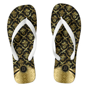 Schwarze und goldene Floral Damaskus Flip Flops