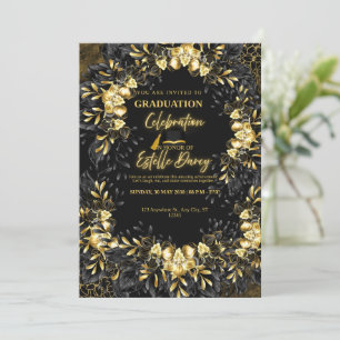 Schwarze und goldene Florale Abschluss-Einladung m Ankündigung