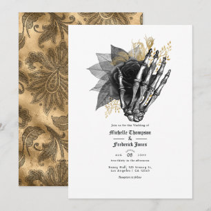 Schwarze und goldene florale gotische Hochzeits-QR Einladung