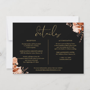 Schwarze und goldene florale Hochzeitsdetails Info Einladung