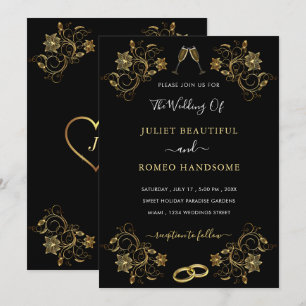 Schwarze und goldene florale Hochzeitseinladung Be Mitteilungskarte