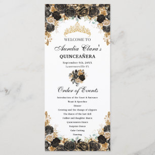 Schwarze und goldene florale Quinceañera-Veranstal Programm