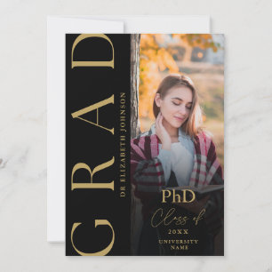 Schwarze und goldene Foto-PhD-Abschlussankündigung Einladung