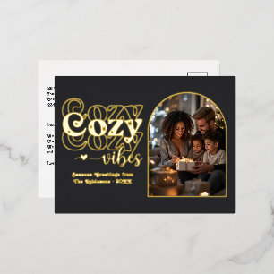Schwarze und goldene gemütliche Retro-Weihnachtsst Folien Feiertagspostkarte