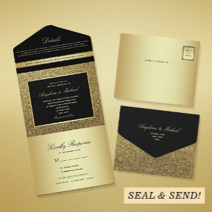 Schwarze und goldene glamouröse Hochzeit All In One Einladung