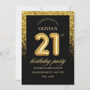 Schwarze und goldene Glitter 21. Geburtstagsfeier Einladung