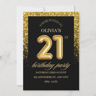 Schwarze und goldene Glitter 21. Geburtstagsfeier  Einladung