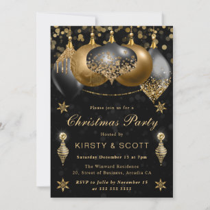 Schwarze und goldene Glitter-Kugeln Weihnachtsfeie Einladung