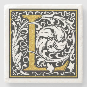 Schwarze und goldene Glitter-Monogramm-L-Blumenakz Steinuntersetzer