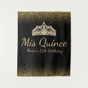 Schwarze und goldene Glitter-Quinceanera Wandteppich