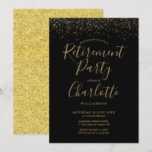 Schwarze und goldene Glitter-Schrift Ruhestandspar Einladung