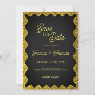 Schwarze und goldene Glitter wellige Retro-Save-th Einladung