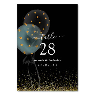 Schwarze und goldene Glitterballon-Hochzeit Tischnummer