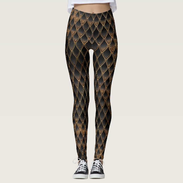 Schwarze und goldene Glitzer-Drachenskala Leggings (Vorderseite)