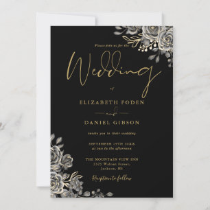 Schwarze und goldene gotische Blumenhochzeit QR-Co Einladung