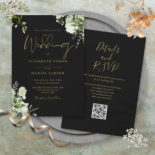 Schwarze und goldene grüne Blumenhochzeit mit QR-C Einladung