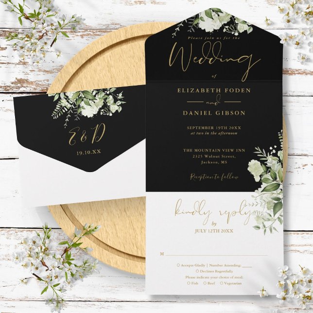 Schwarze und goldene Grüne Blumenzange All In One Einladung (Black And Gold Greenery Floral Monogram Wedding All In One Invitation)