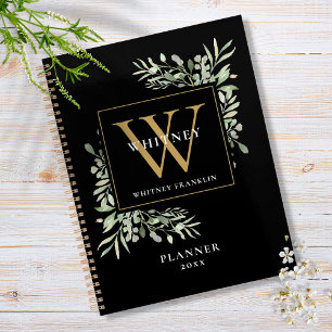 Schwarze und goldene Grünpflanzenblätter Monogramm Planer
