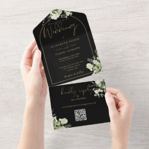 Schwarze und goldene Hochzeit mit grüner Bogen-QR- All In One Einladung
