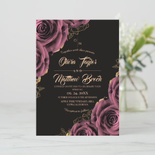Schwarze und goldene Hochzeit mit rosa Rosen Einladung