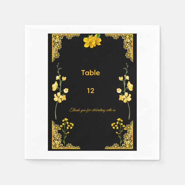 Schwarze und goldene Hochzeitstischnummer Serviette (Vorderseite)