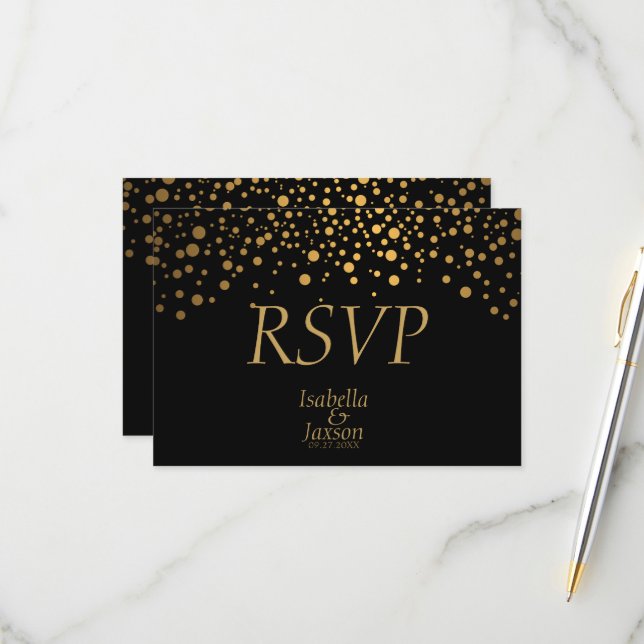 Schwarze und goldene Imitate Foil Confetti Dots RSVP Karte (Vorderseite/Rückseite Beispiel)