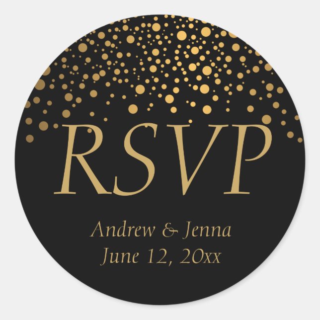 Schwarze und goldene Imitate Foil Confetti Dots Runder Aufkleber (Vorderseite)