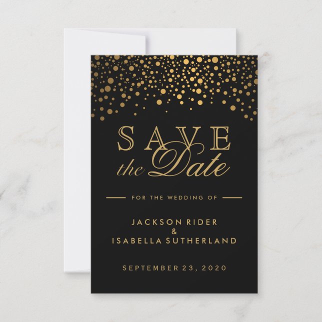 Schwarze und goldene Imitate Foil Confetti Dots Save The Date (Vorderseite)