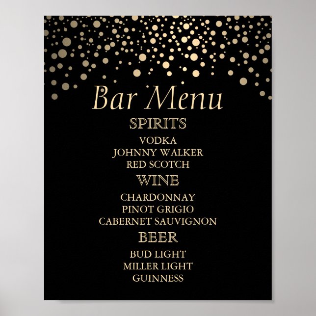 Schwarze und goldene Imitate Foil Dots - Bar Menu  Poster (Vorne)