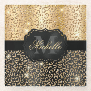 Schwarze und goldene Imitate Glitzer Glam Leopard Glasuntersetzer