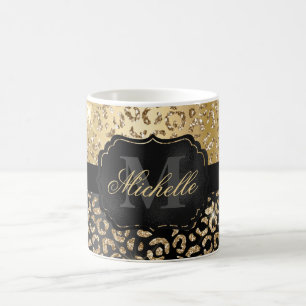 Schwarze und goldene Imitate Glitzer Glam Leopard Kaffeetasse