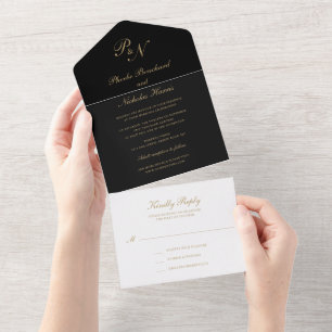 Schwarze und goldene klassisch elegante Hochzeit All In One Einladung