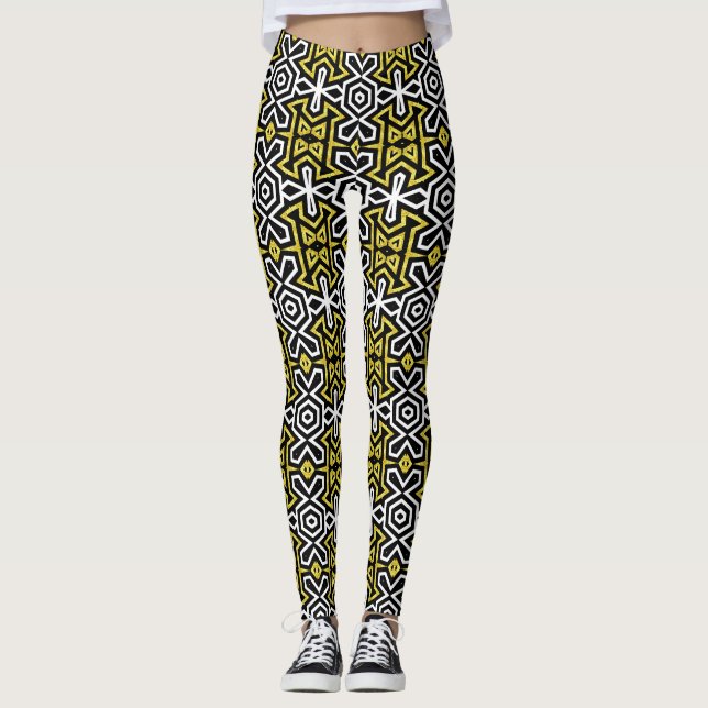 Schwarze und goldene Leggings, die mit Funky Azthe Leggings (Vorderseite)