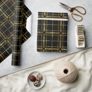 Schwarze und goldene Linien im geometrischen Muste Geschenkpapier
