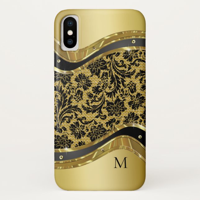 Schwarze und goldene Metallic-Look BlumenDamaskus Case-Mate iPhone Hülle (Rückseite)
