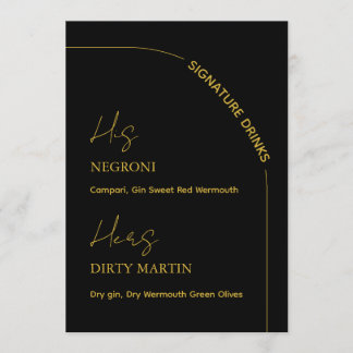 Schwarze und goldene moderne Hochzeitssignaturgetr Menükarte